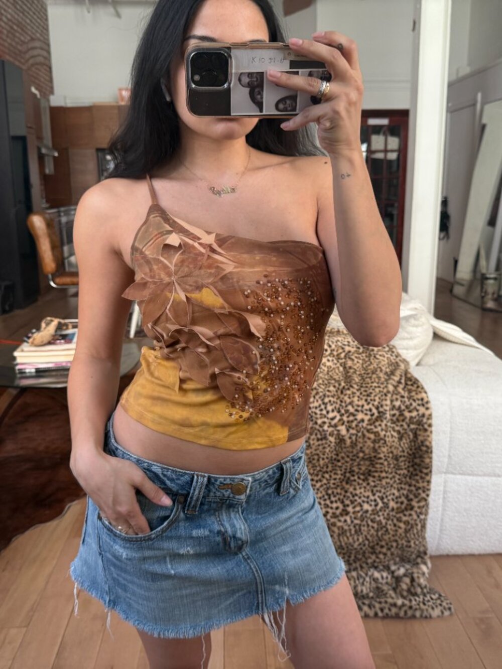 Brown Mesh Floral Applique Cami XS/S Y2K Coquette